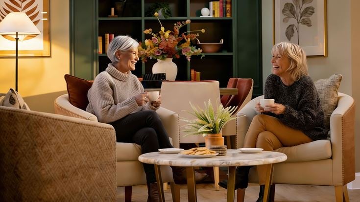 a couple of women sitting on a couch