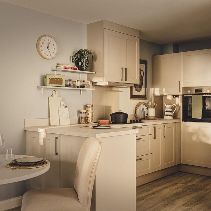 a kitchen with white cabinets