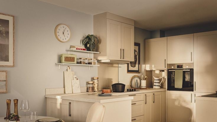 a kitchen with white cabinets