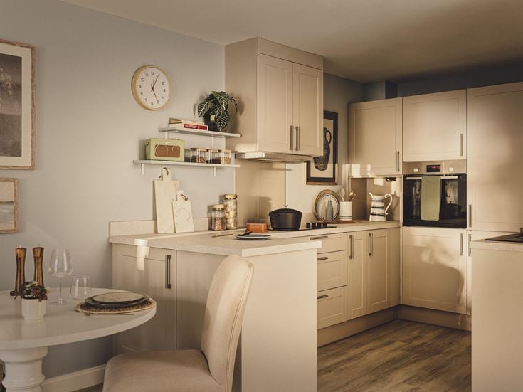 a kitchen with white cabinets