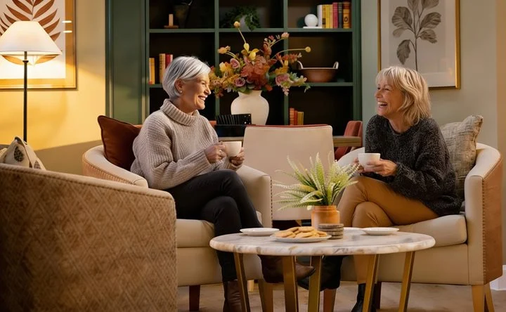 a couple of women sitting on a couch