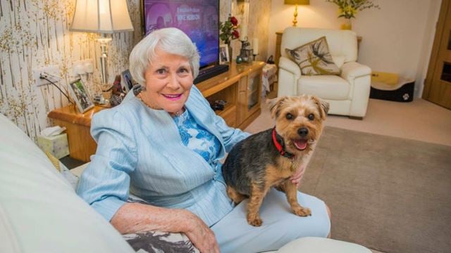 a person sitting on a couch with a dog
