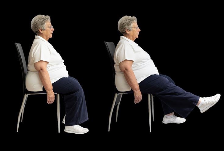 A senior before and during a leg extension exercise