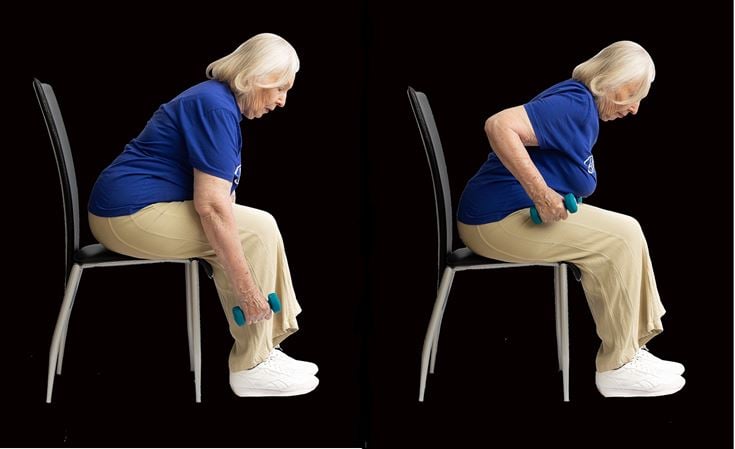 A senior before and after completing a bent over row exercise, with weights in hand