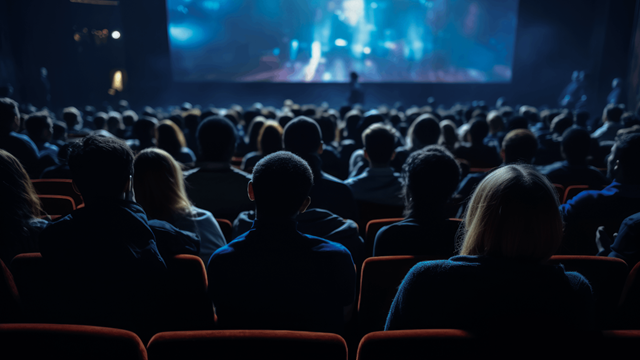 a group of people sitting in a room with a stage in the back