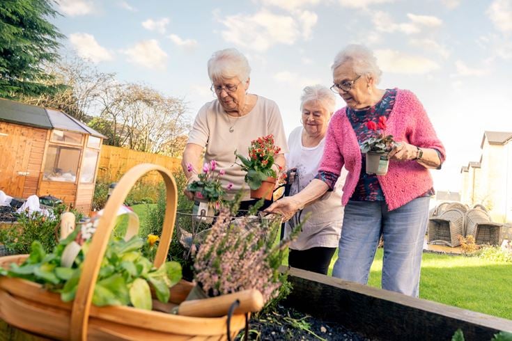 a group of people standing next to a planter with flowers