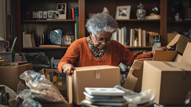 An elderly women decluttering her existing home prior to moving to a retirement living development.
