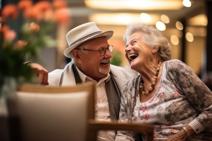 An older man and woman sharing a laugh in a cafe