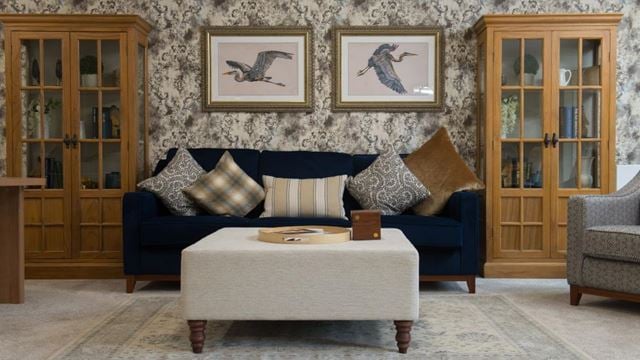 The living room of a McCarthy Stone retirement property. The room features a navy sofa, with a bookcase on each side and two large framed pictures above the sofa.