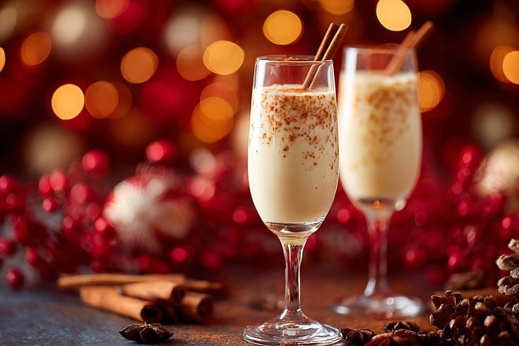 Two flutes of Christmas Godfather cocktail on a seasonal decorated table.