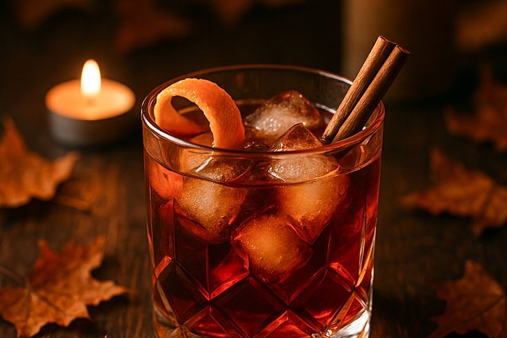 A tumbler of Mistletoe Mule cocktail on a leaf covered wooden table.