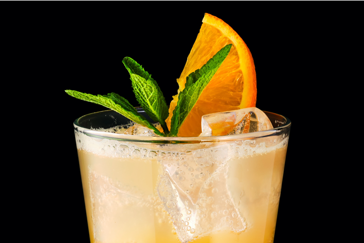 A glass of orange fizz cocktail with a orange slice on top.