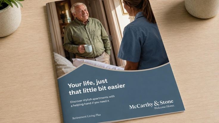 Retirement Living Plus brochure laid out on a table.