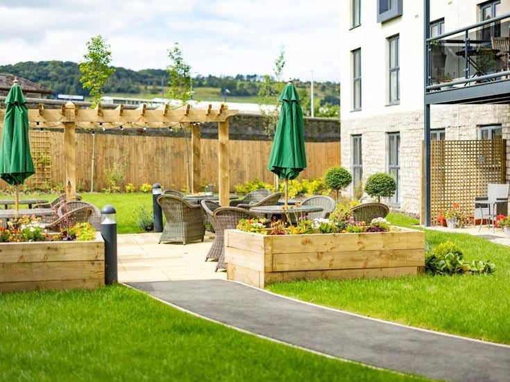 a backyard with a fence and a garden