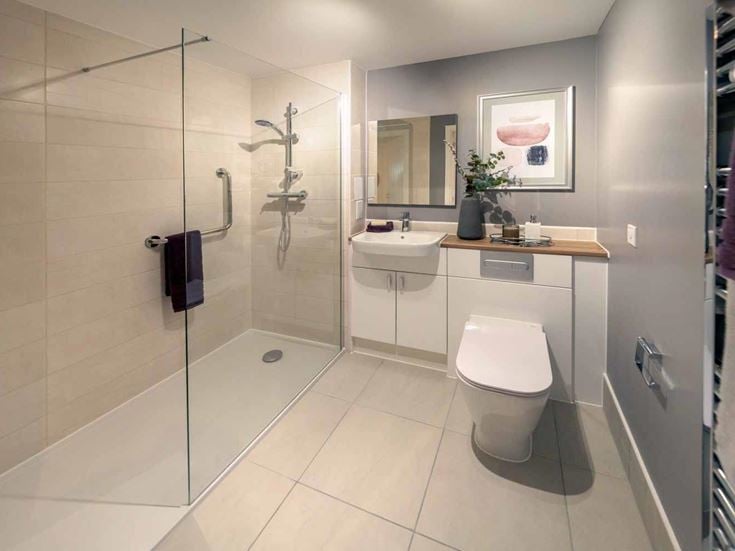 a bathroom with a glass shower