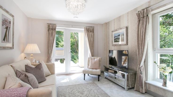 a living room with a large window
