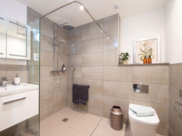 a bathroom with a glass shower