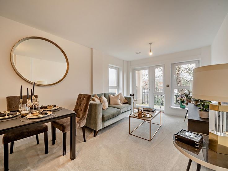 a living room with a large mirror