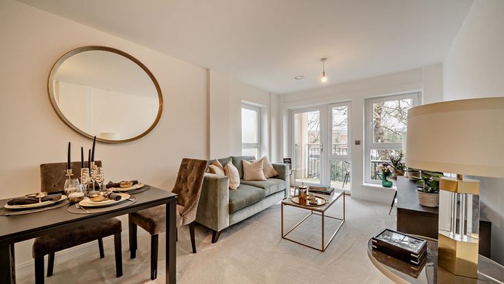a living room with a large mirror
