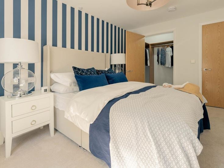 a bedroom with a bed and lamps