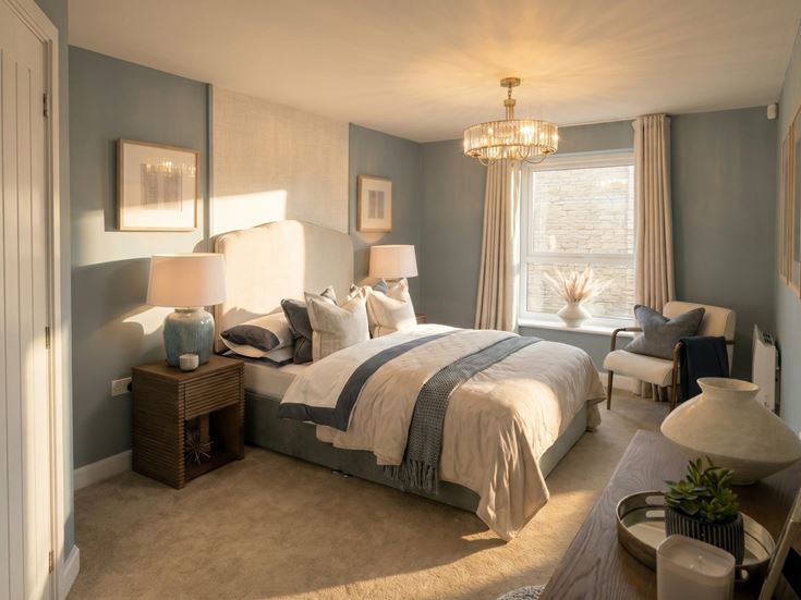 a bedroom with a bed and lamps