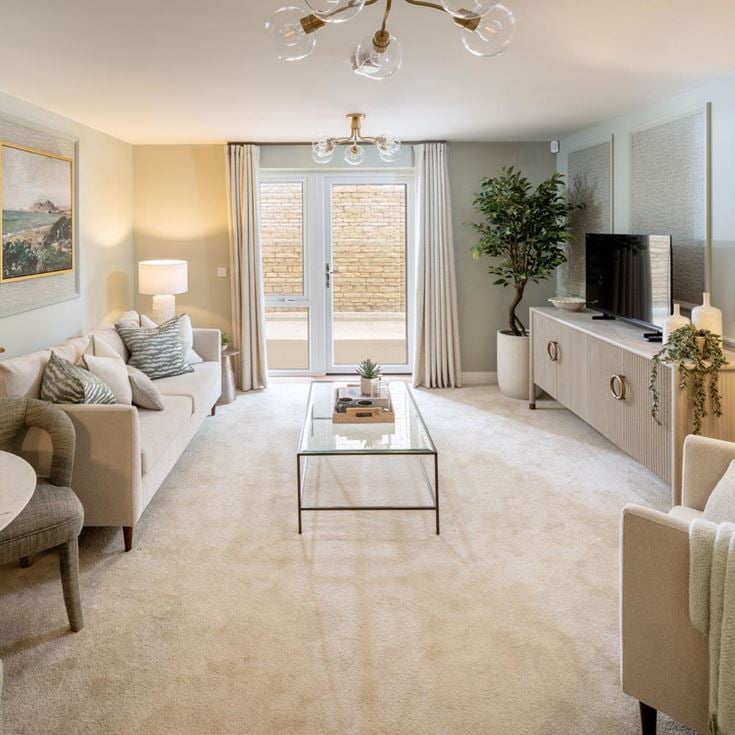 a living room with a large window