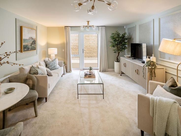 a living room with a large window