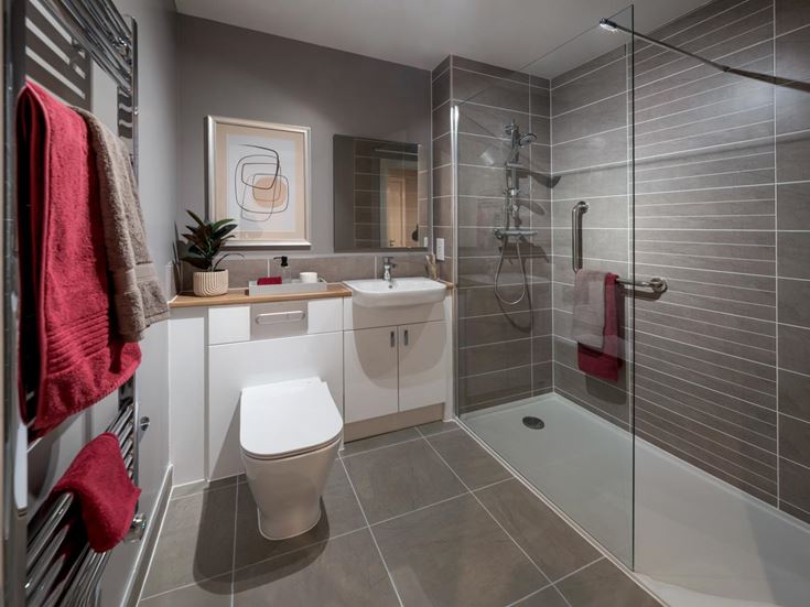 a bathroom with a standup shower