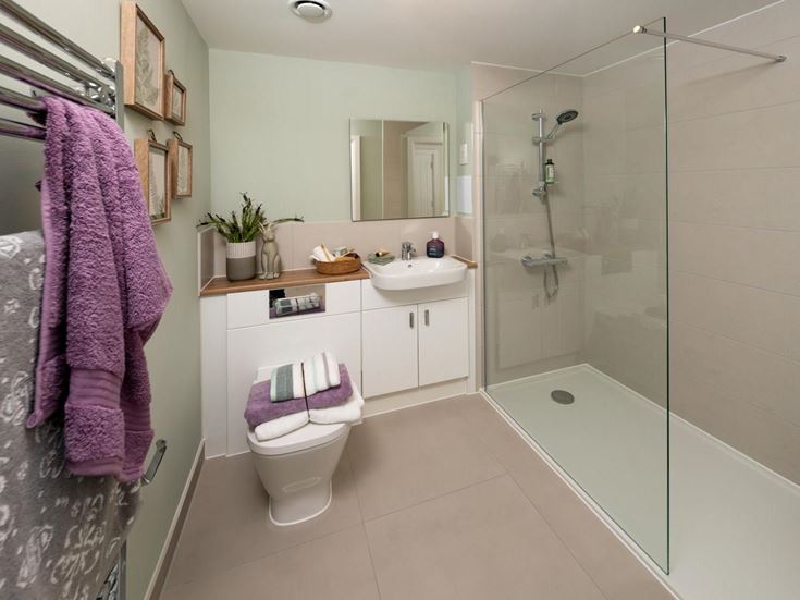 a bathroom with a shower and toilet