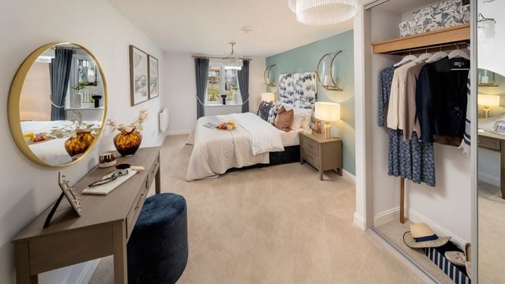 a bedroom with a bed and a desk