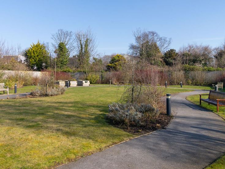 a path with benches and grass
