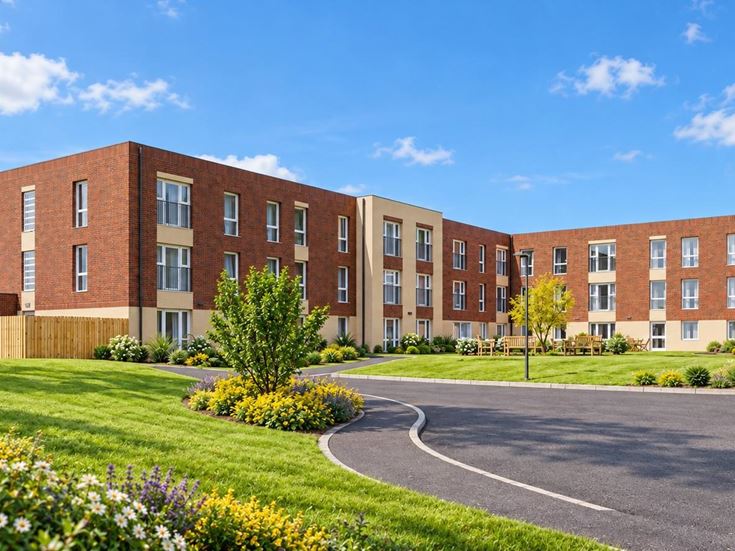 a building with a parking lot