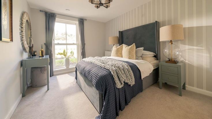 a bedroom with a bed and lamps