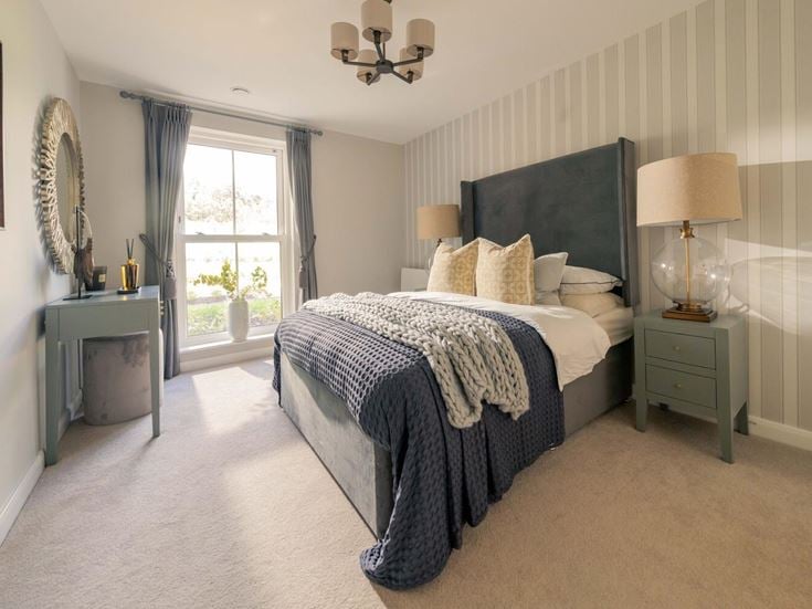 a bedroom with a bed and lamps