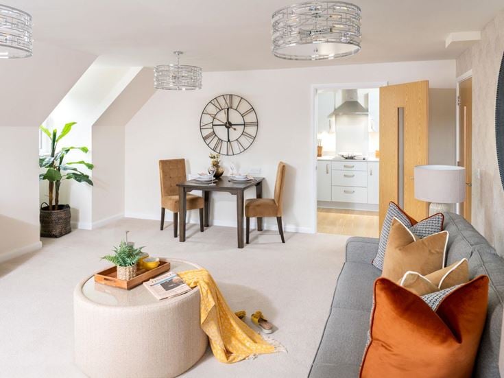 a living room with a large clock