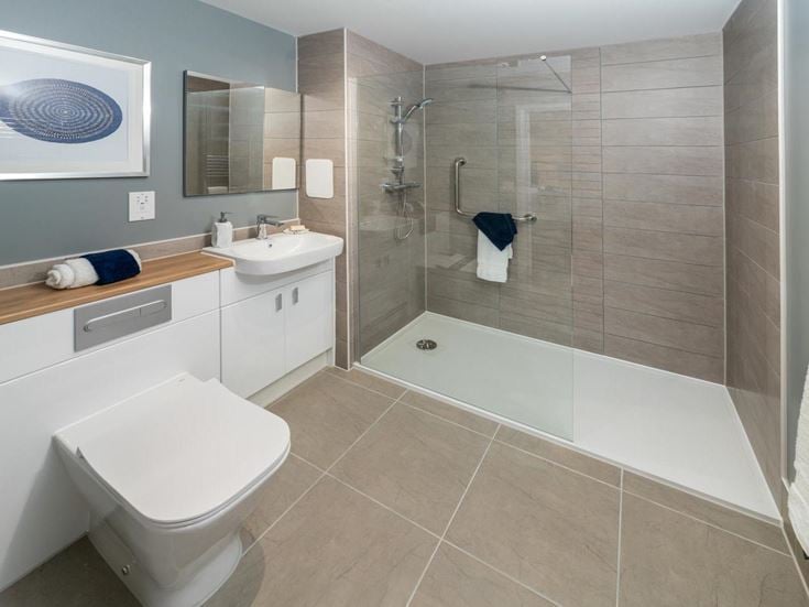 a bathroom with a standup shower