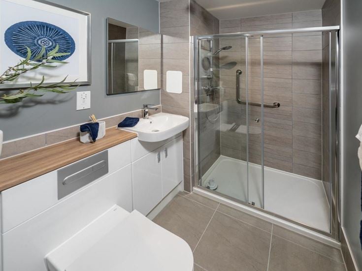 a bathroom with a glass shower