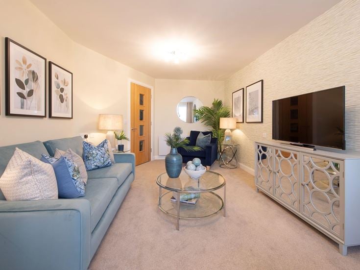 a living room with a fireplace