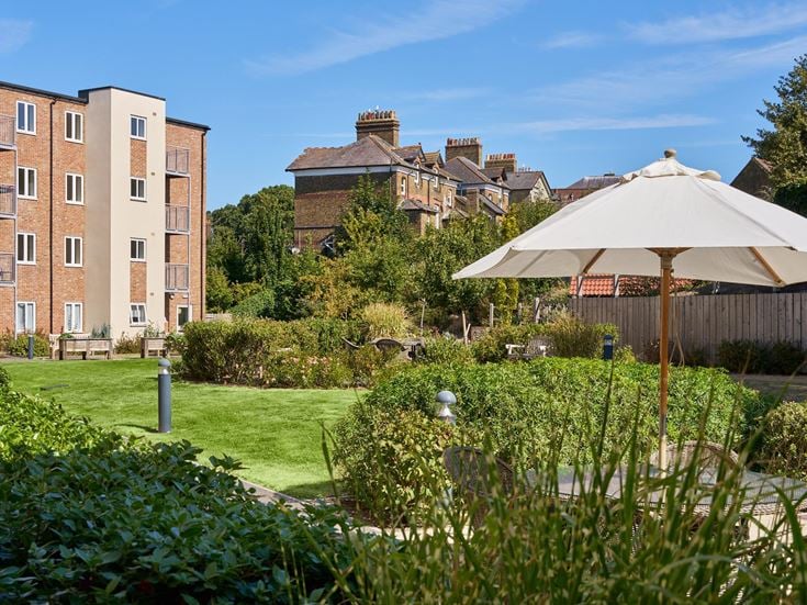 a garden with a white umbrella
