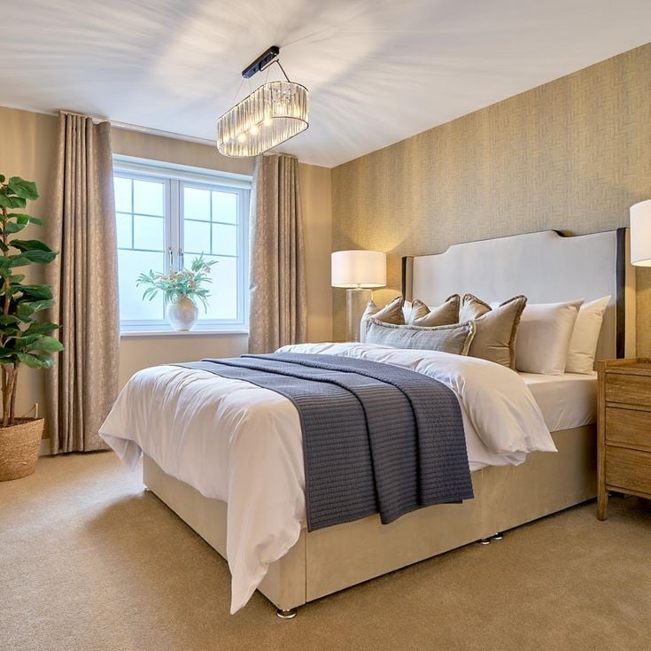 a bedroom with a bed and lamps