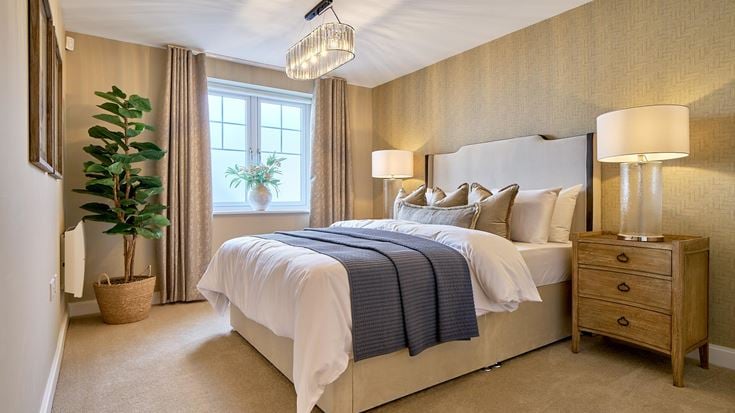a bedroom with a bed and lamps