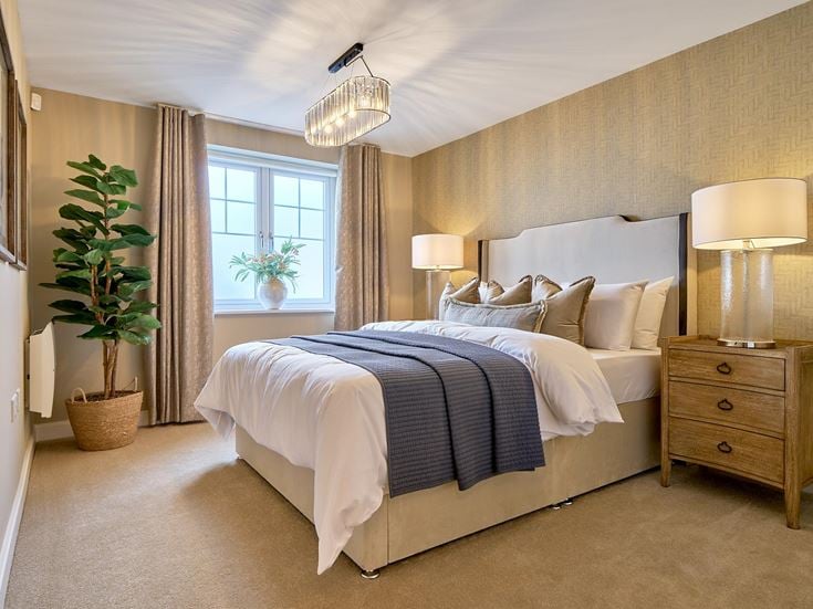 a bedroom with a bed and lamps