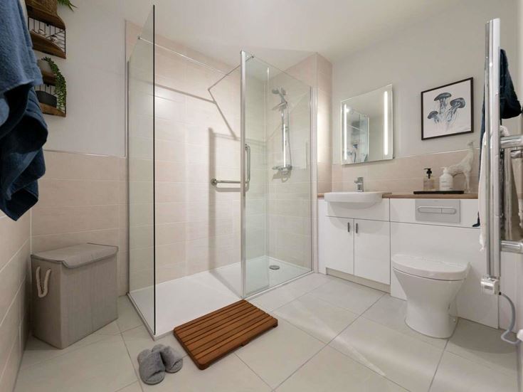 a bathroom with a glass shower