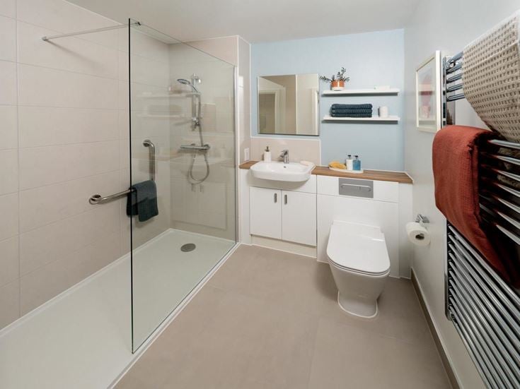 a bathroom with a glass shower