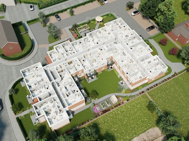 Apartment 18 position on aerial view of a building. Available.