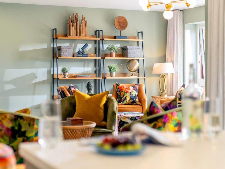 a living room with a shelf