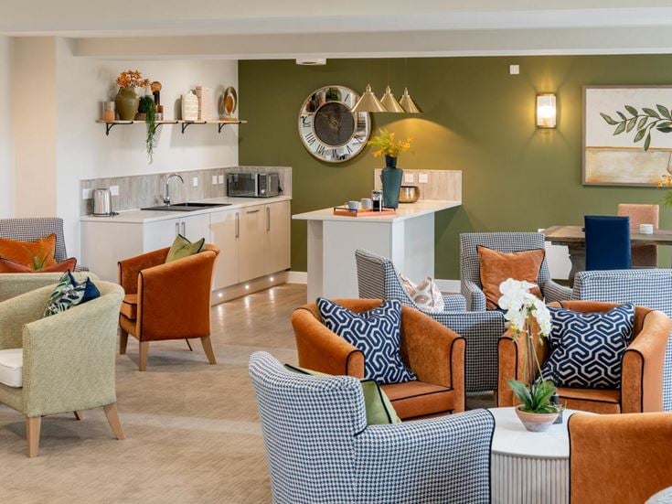 a living room with a large island