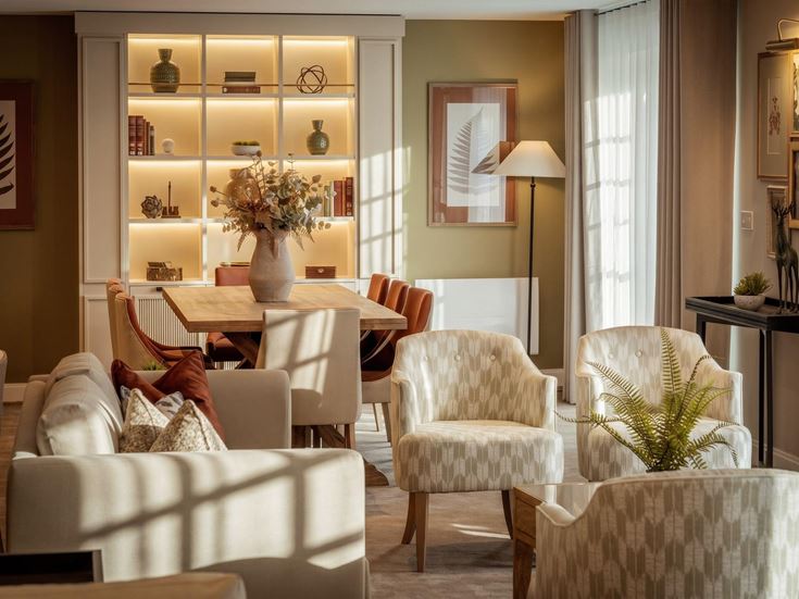 a living room with a table and chairs