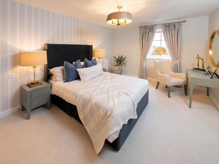 a bedroom with a bed and lamps