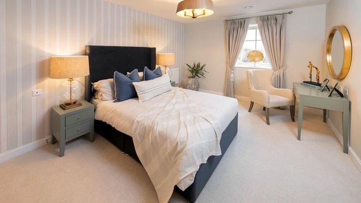 a bedroom with a bed and lamps